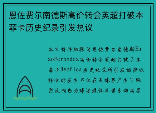 恩佐费尔南德斯高价转会英超打破本菲卡历史纪录引发热议