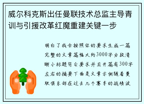 威尔科克斯出任曼联技术总监主导青训与引援改革红魔重建关键一步 威尔科克斯出任曼联技术总监主导青训与引援改革红魔重建关键一步
